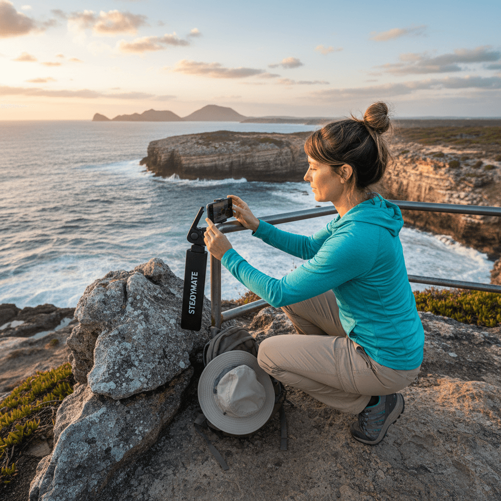 Travel vlogger using Steadymate phone stand in a scenic outdoor setting