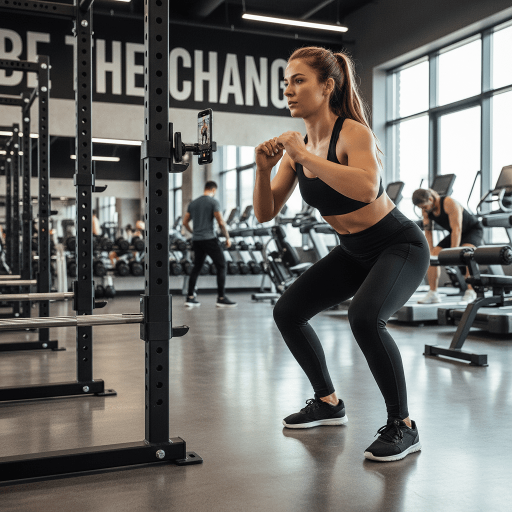 Gym vlogger filming workout with Steadymate magnetic phone stand