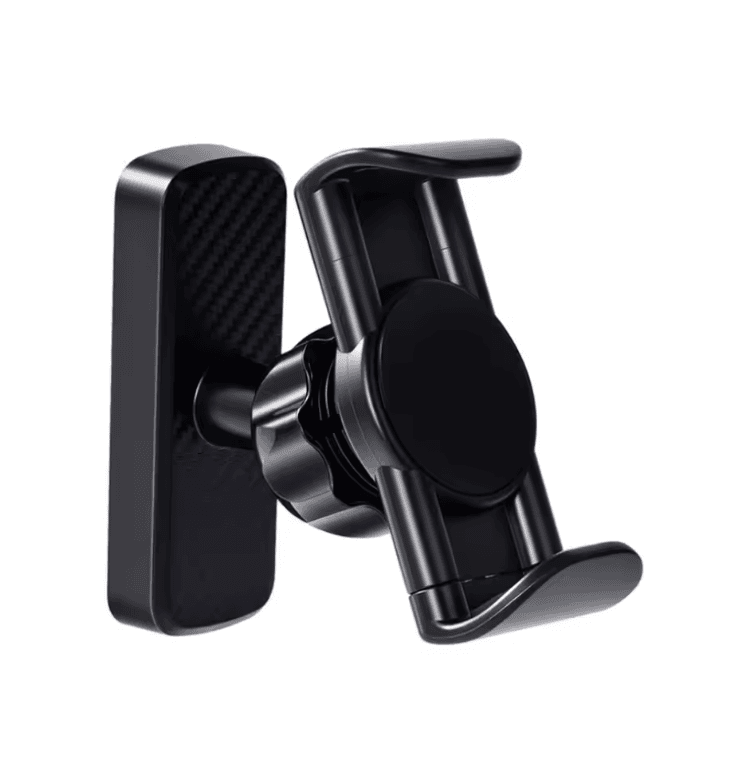 Adjustable black car phone mount with a carbon fiber textured base and rotating cradle arms.