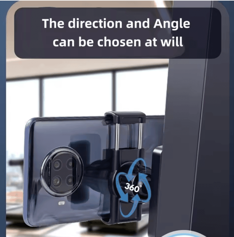 Adjustable black phone mount with 360-degree rotation, holding a smartphone in landscape mode.